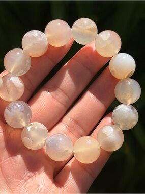 14mm Natural Peach Flower Agate Beaded Stretch Bracelet 2263